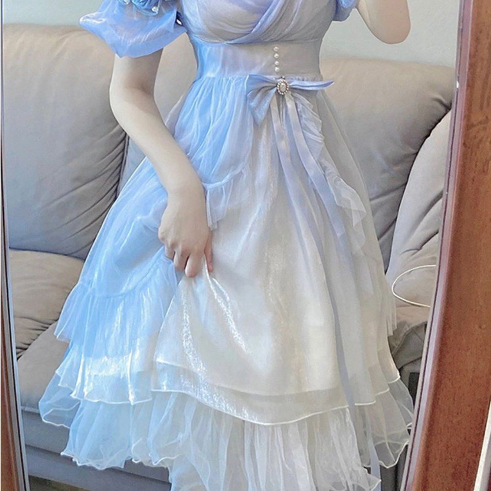 Blue Rose Bubble Sleeve Gradient Princess Lolita Women Dress #1259 - Picture 4 of 6